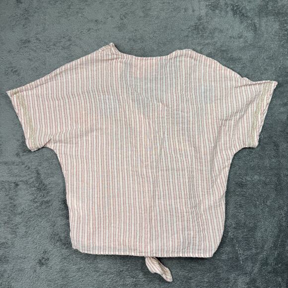 Paparazzi Floral Embroidered Pin Stripe Tie Front Button Up Blouse Shirt M Linen - Picture 2 of 7